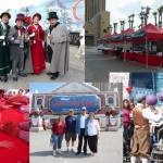 Clockwise from bottom left: Christmas Tattoos, Carollers, Activity Tents, Jugglers, and the Disneyland Correspondents with Bob Gault