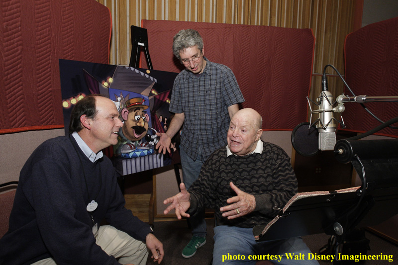 Disney Imagineer Kevin Rafferty (seated) and Pixar Theme Park Group\'s Roger Gould (standing) work with comedian Don Rickles during the vocal recording of the dialogue for Mr. Potato Head Audio-Animatronic.